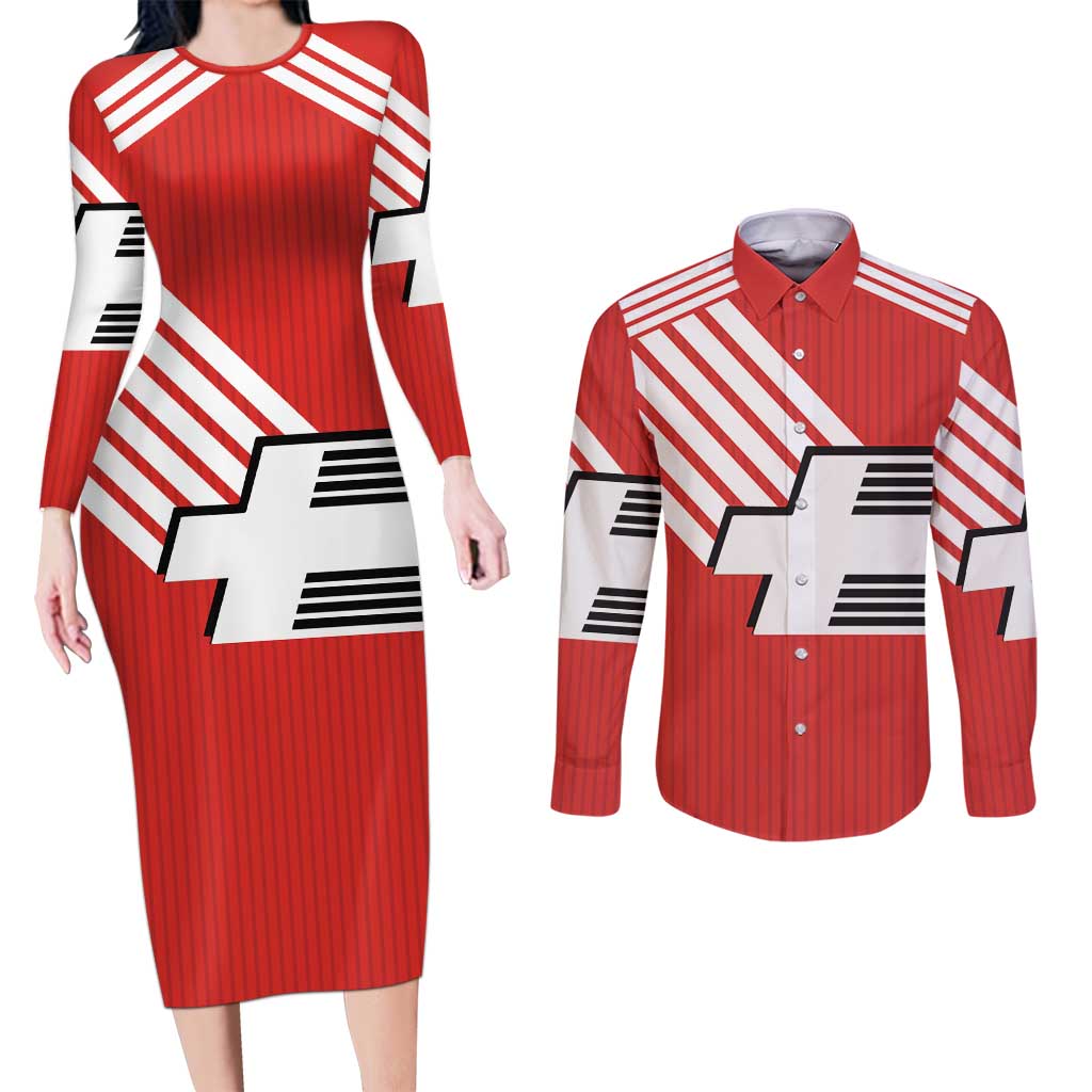 Swiss Football Custom Couples Matching Long Sleeve Bodycon Dress and Long Sleeve Button Shirt 1990-1992 Retro Red Switzerland Vintage
