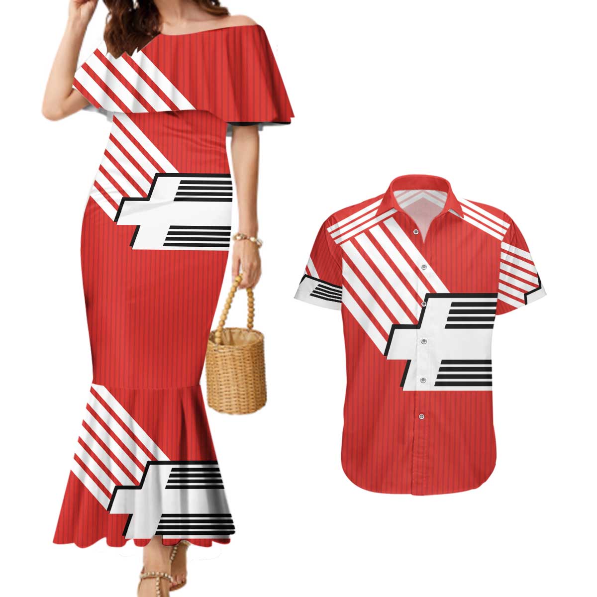Swiss Football Custom Couples Matching Mermaid Dress and Hawaiian Shirt 1990-1992 Retro Red Switzerland Vintage
