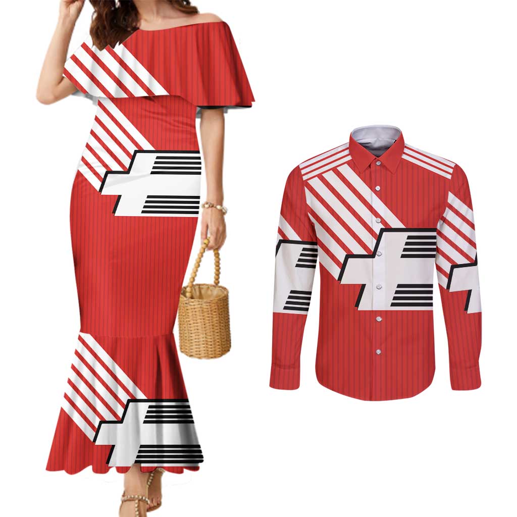 Swiss Football Custom Couples Matching Mermaid Dress and Long Sleeve Button Shirt 1990-1992 Retro Red Switzerland Vintage
