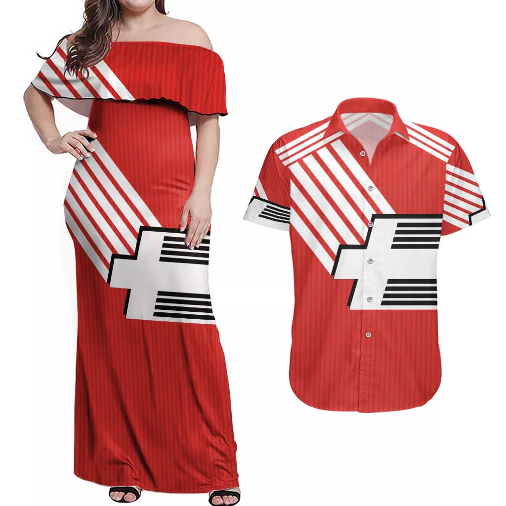 Swiss Football Custom Couples Matching Off Shoulder Maxi Dress and Hawaiian Shirt 1990-1992 Retro Red Switzerland Vintage