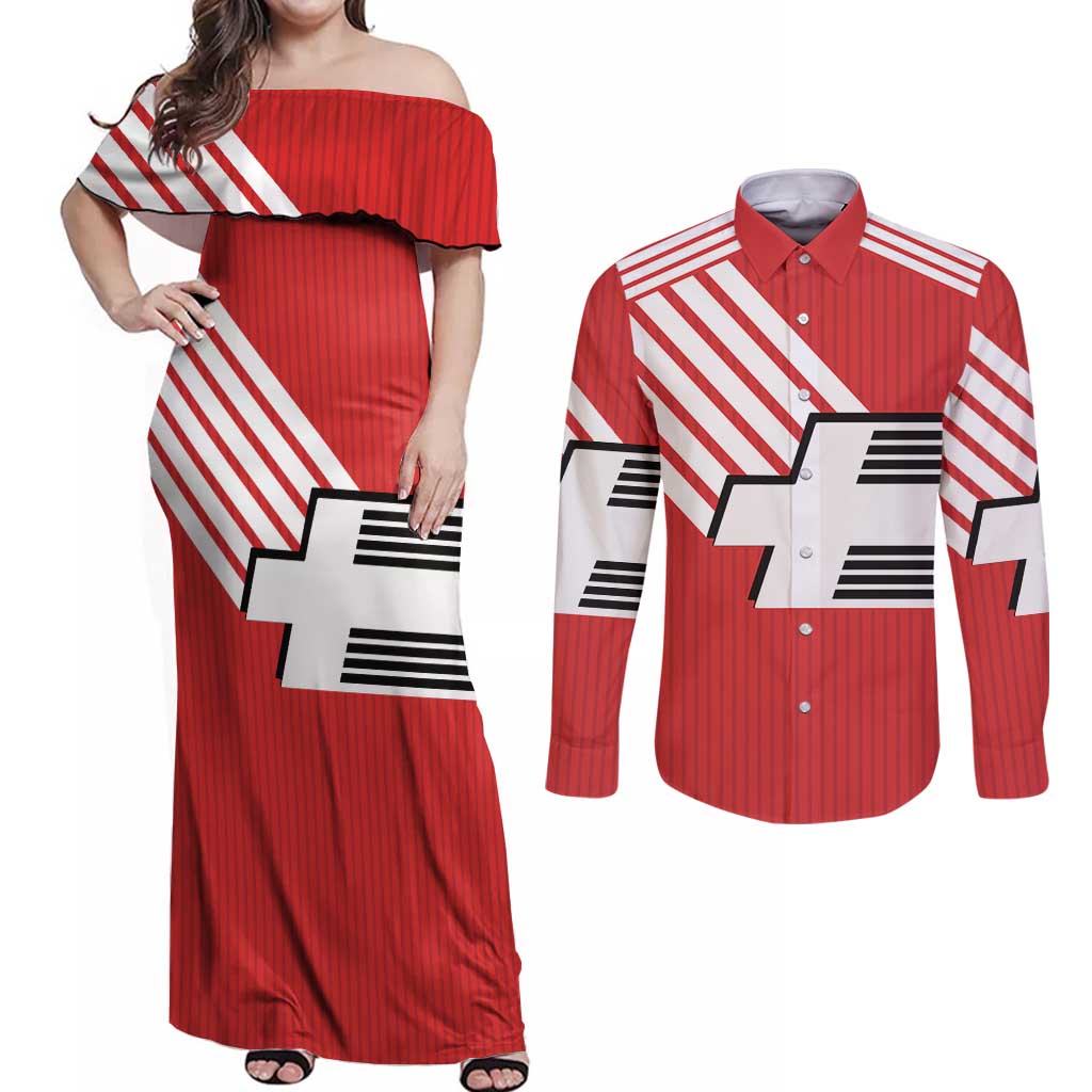 Swiss Football Custom Couples Matching Off Shoulder Maxi Dress and Long Sleeve Button Shirt 1990-1992 Retro Red Switzerland Vintage