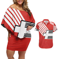 Swiss Football Custom Couples Matching Off Shoulder Short Dress and Hawaiian Shirt 1990-1992 Retro Red Switzerland Vintage