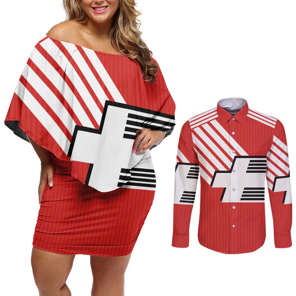 Swiss Football Custom Couples Matching Off Shoulder Short Dress and Long Sleeve Button Shirt 1990-1992 Retro Red Switzerland Vintage