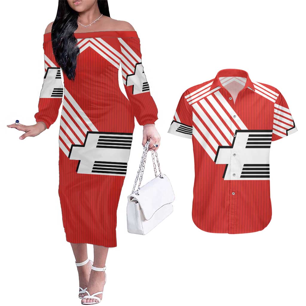 Swiss Football Custom Couples Matching Off The Shoulder Long Sleeve Dress and Hawaiian Shirt 1990-1992 Retro Red Switzerland Vintage