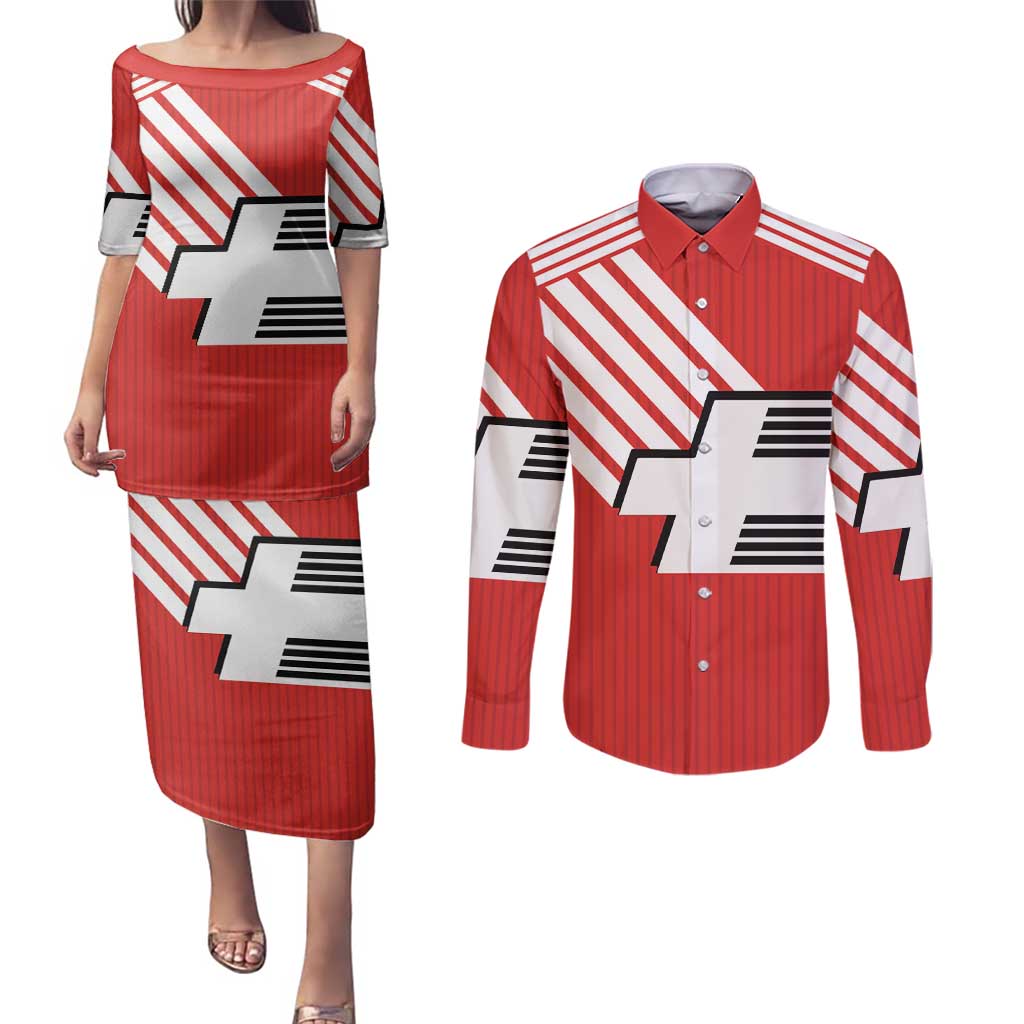 Swiss Football Custom Couples Matching Puletasi and Long Sleeve Button Shirt 1990-1992 Retro Red Switzerland Vintage