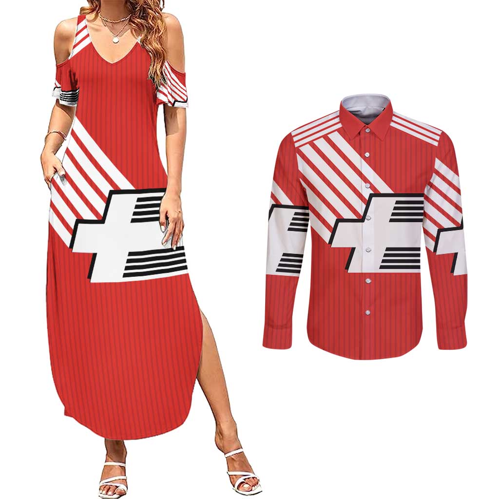 Swiss Football Custom Couples Matching Summer Maxi Dress and Long Sleeve Button Shirt 1990-1992 Retro Red Switzerland Vintage