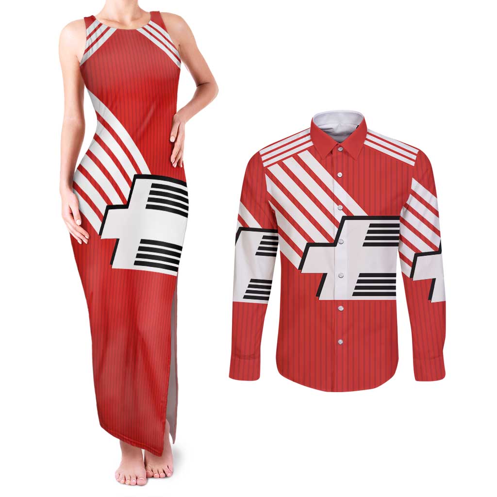 Swiss Football Custom Couples Matching Tank Maxi Dress and Long Sleeve Button Shirt 1990-1992 Retro Red Switzerland Vintage