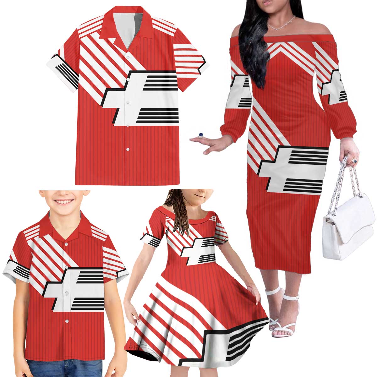 Swiss Football Custom Family Matching Off The Shoulder Long Sleeve Dress and Hawaiian Shirt 1990-1992 Retro Red Switzerland Vintage