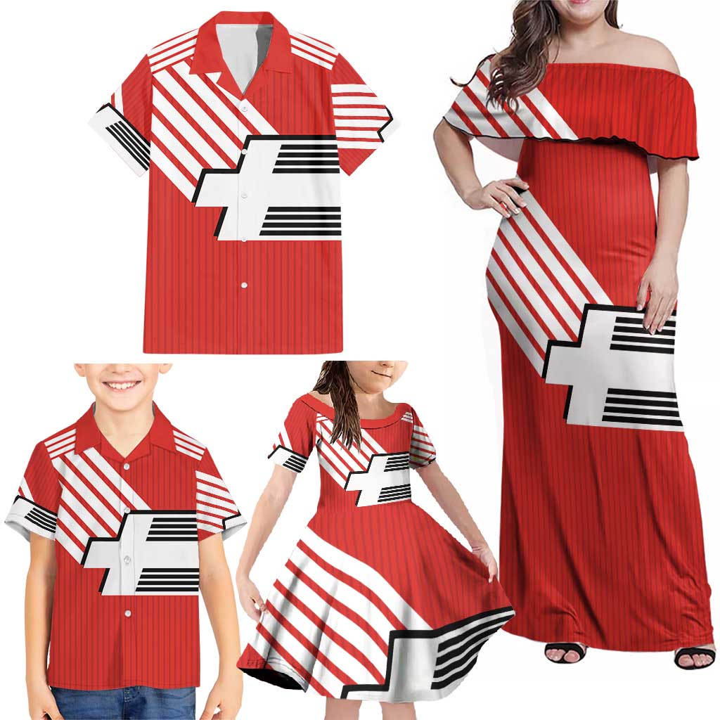 Swiss Football Custom Family Matching Off Shoulder Maxi Dress and Hawaiian Shirt 1990-1992 Retro Red Switzerland Vintage