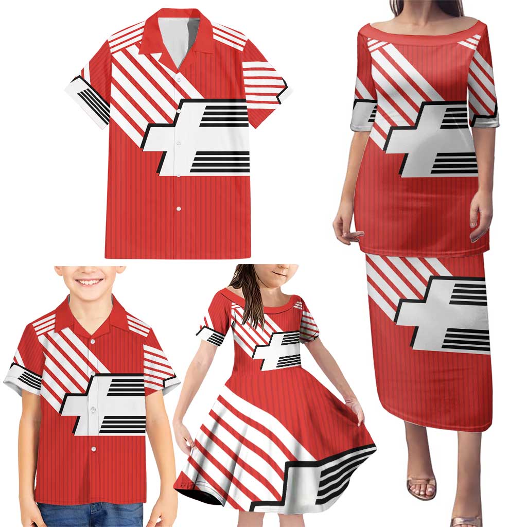 Swiss Football Custom Family Matching Puletasi and Hawaiian Shirt 1990-1992 Retro Red Switzerland Vintage