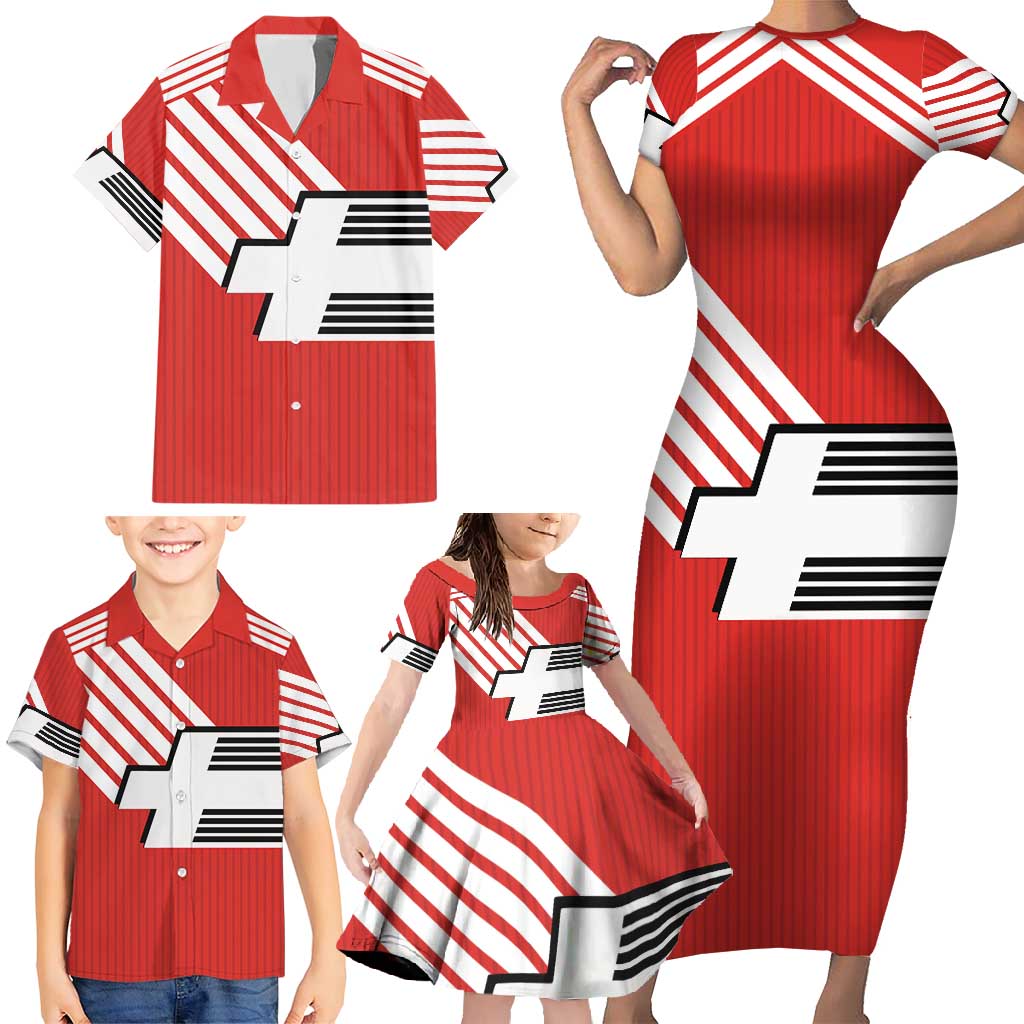 Swiss Football Custom Family Matching Short Sleeve Bodycon Dress and Hawaiian Shirt 1990-1992 Retro Red Switzerland Vintage