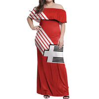 Swiss Football Custom Off Shoulder Maxi Dress 1990-1992 Retro Red Switzerland Vintage