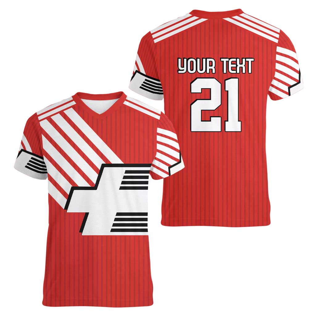 Swiss Football Custom Women V-Neck T-Shirt 1990-1992 Retro Red Switzerland Vintage