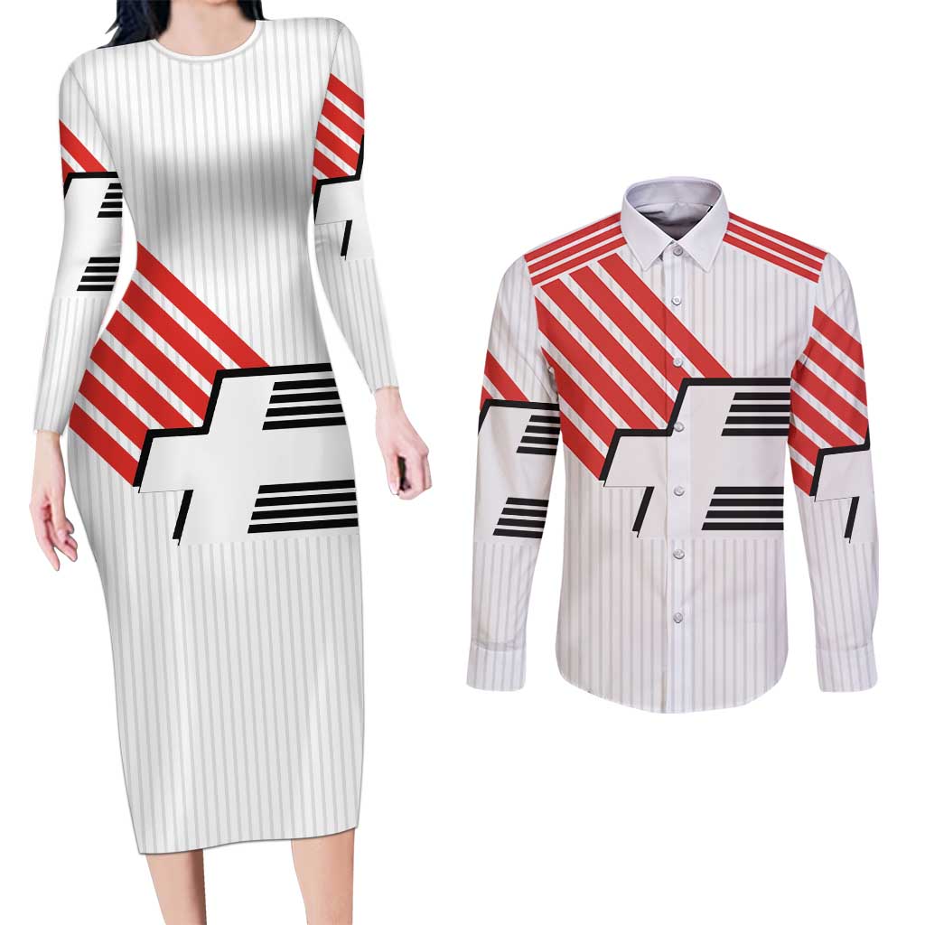 Swiss Football Custom Couples Matching Long Sleeve Bodycon Dress and Long Sleeve Button Shirt 1990-1992 Retro White Switzerland Vintage