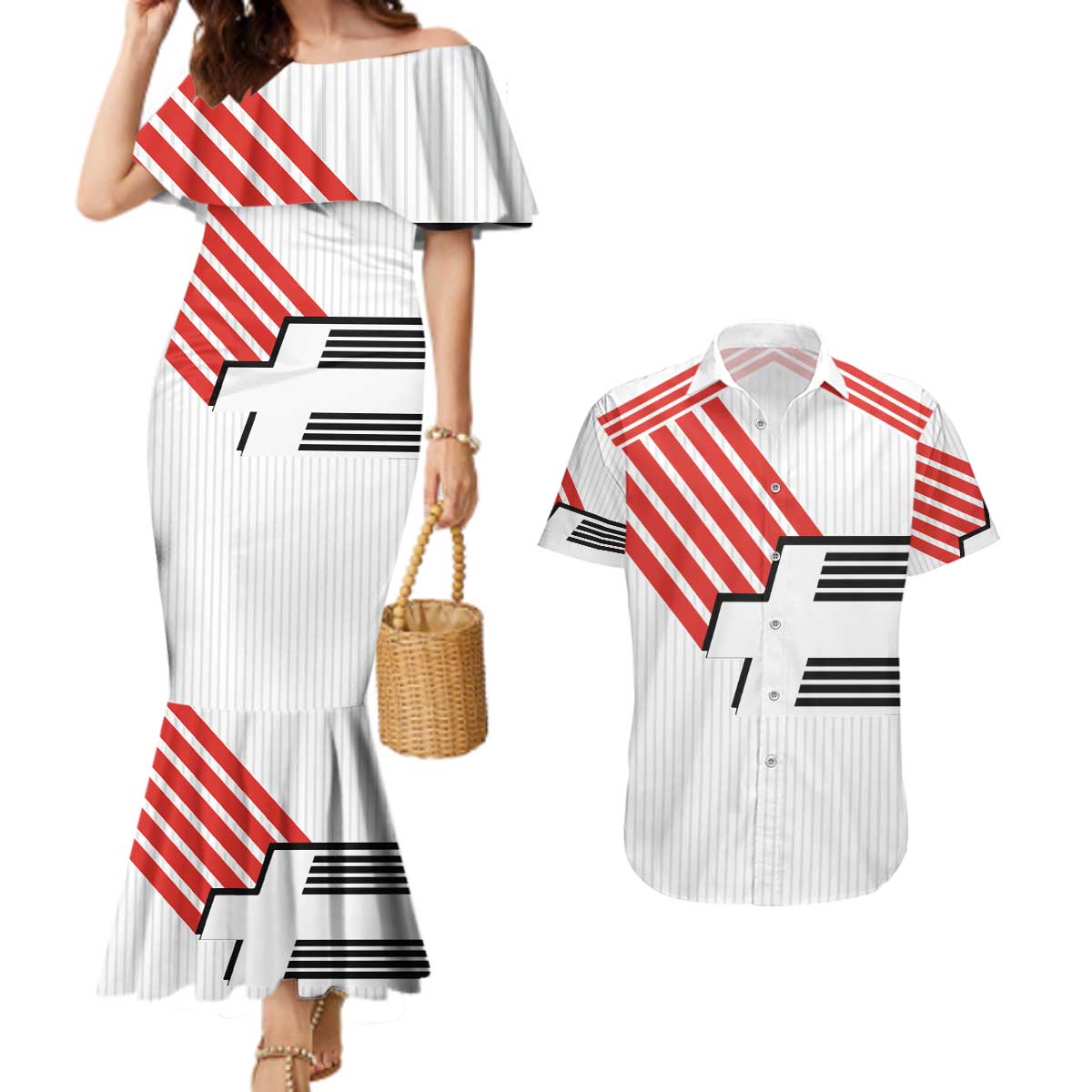 Swiss Football Custom Couples Matching Mermaid Dress and Hawaiian Shirt 1990-1992 Retro White Switzerland Vintage