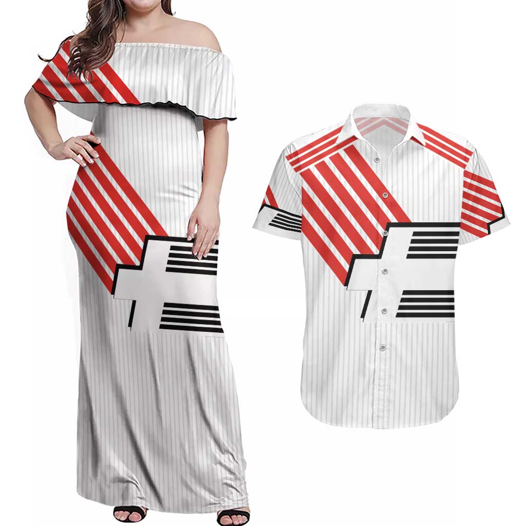 Swiss Football Custom Couples Matching Off Shoulder Maxi Dress and Hawaiian Shirt 1990-1992 Retro White Switzerland Vintage