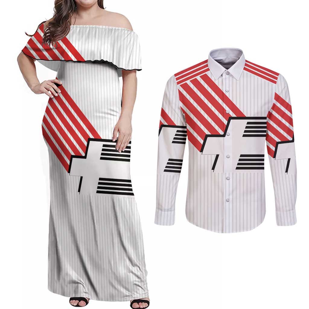 Swiss Football Custom Couples Matching Off Shoulder Maxi Dress and Long Sleeve Button Shirt 1990-1992 Retro White Switzerland Vintage