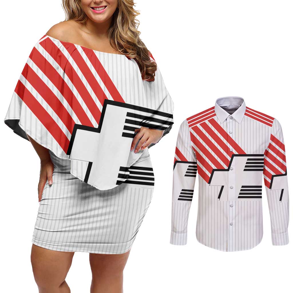 Swiss Football Custom Couples Matching Off Shoulder Short Dress and Long Sleeve Button Shirt 1990-1992 Retro White Switzerland Vintage