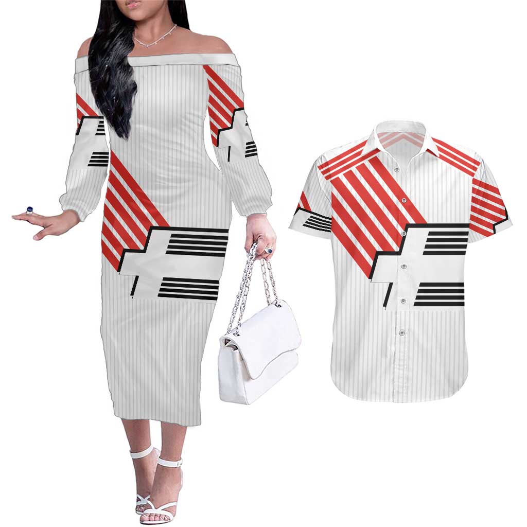 Swiss Football Custom Couples Matching Off The Shoulder Long Sleeve Dress and Hawaiian Shirt 1990-1992 Retro White Switzerland Vintage