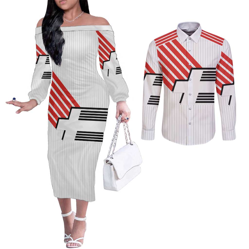 Swiss Football Custom Couples Matching Off The Shoulder Long Sleeve Dress and Long Sleeve Button Shirt 1990-1992 Retro White Switzerland Vintage