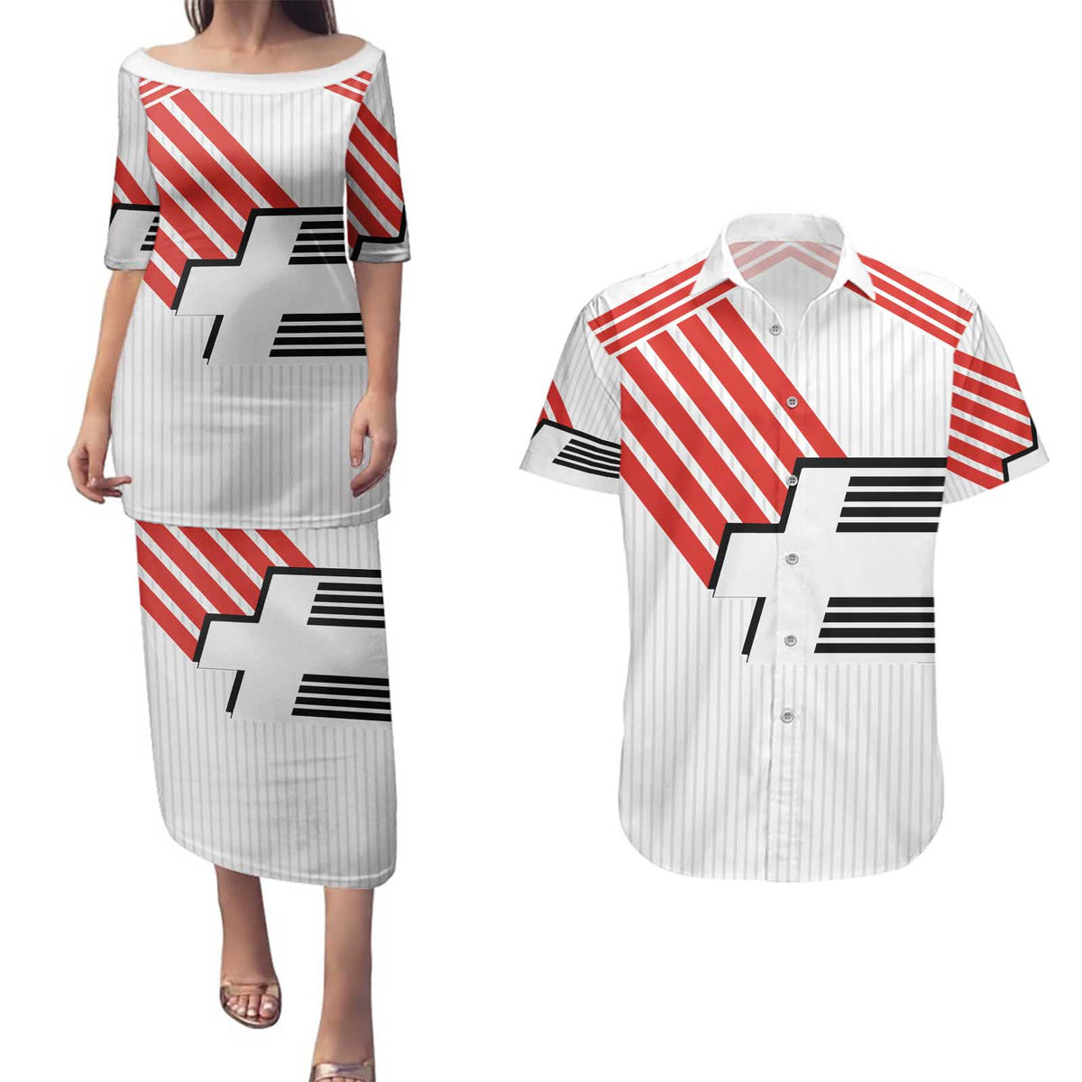 Swiss Football Custom Couples Matching Puletasi and Hawaiian Shirt 1990-1992 Retro White Switzerland Vintage