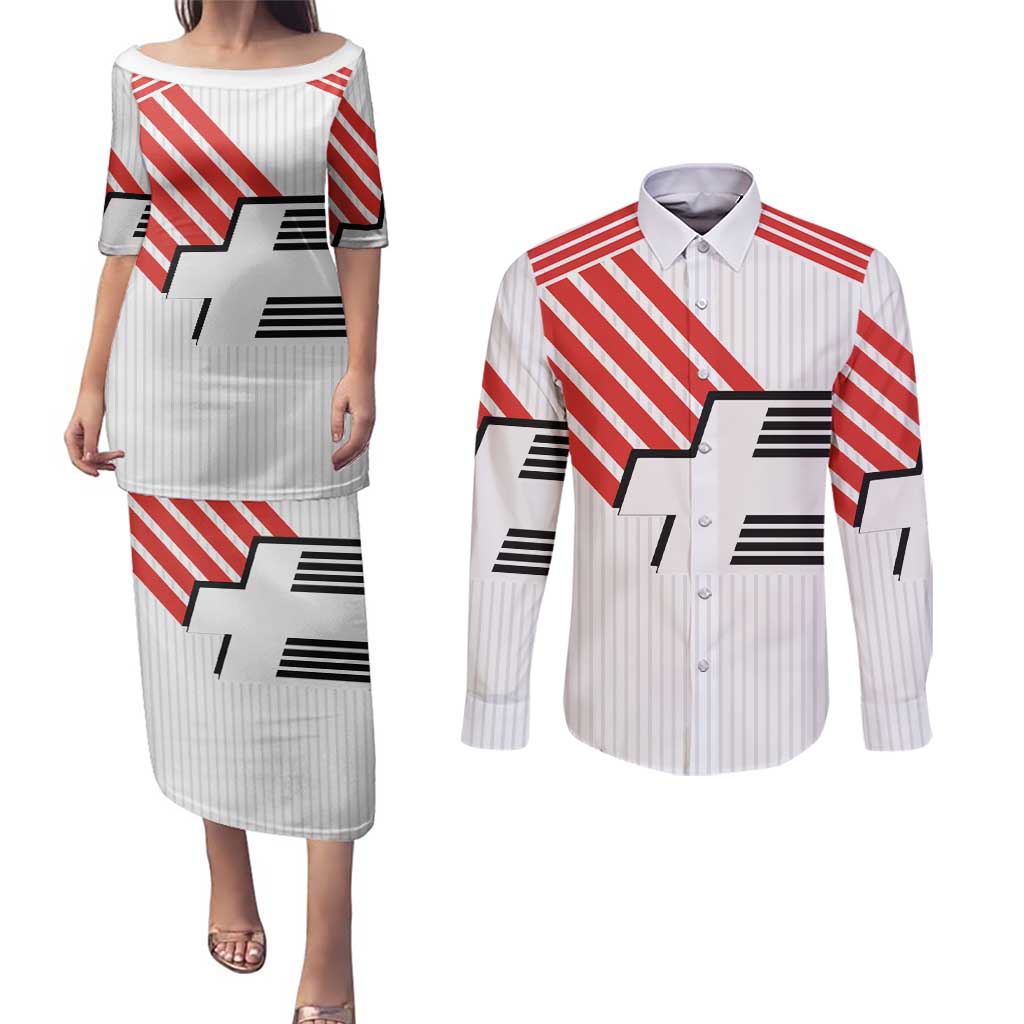 Swiss Football Custom Couples Matching Puletasi and Long Sleeve Button Shirt 1990-1992 Retro White Switzerland Vintage