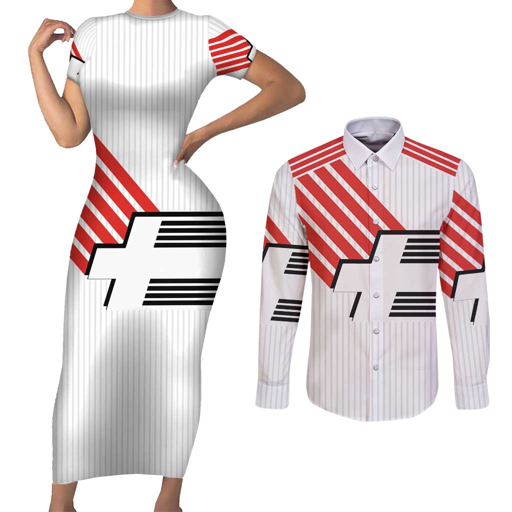 Swiss Football Custom Couples Matching Short Sleeve Bodycon Dress and Long Sleeve Button Shirt 1990-1992 Retro White Switzerland Vintage