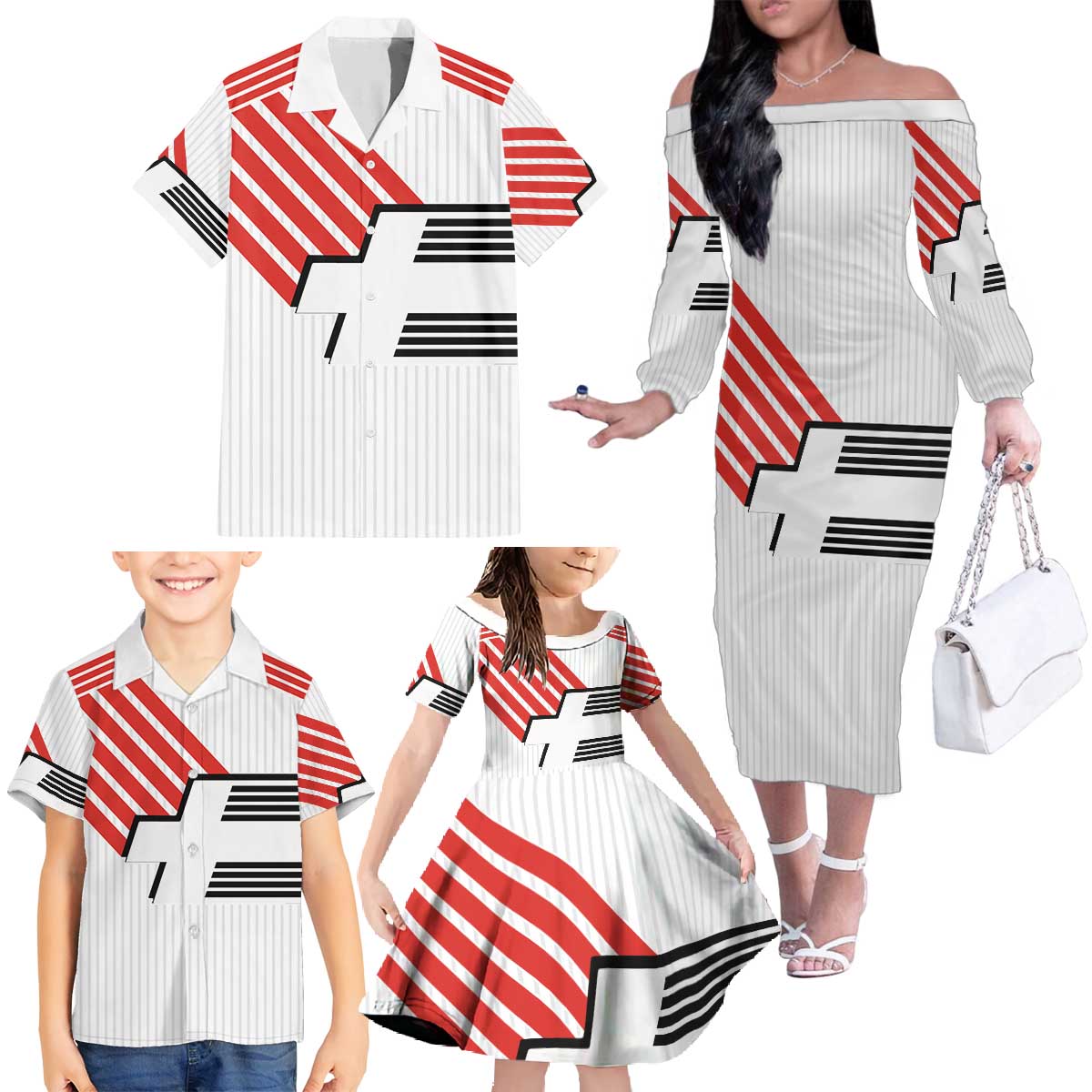 Swiss Football Custom Family Matching Off The Shoulder Long Sleeve Dress and Hawaiian Shirt 1990-1992 Retro White Switzerland Vintage