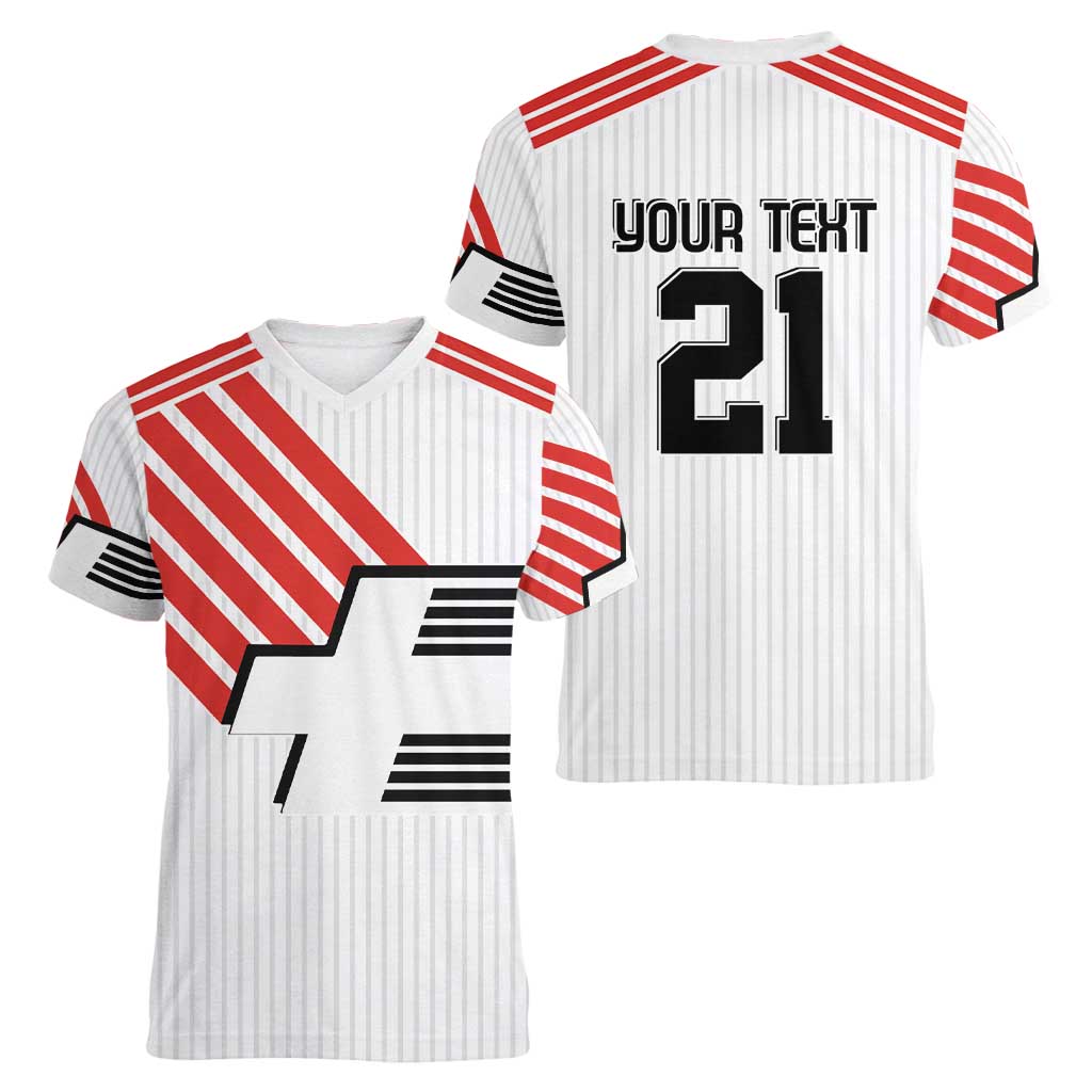 Swiss Football Custom Women V-Neck T-Shirt 1990-1992 Retro White Switzerland Vintage