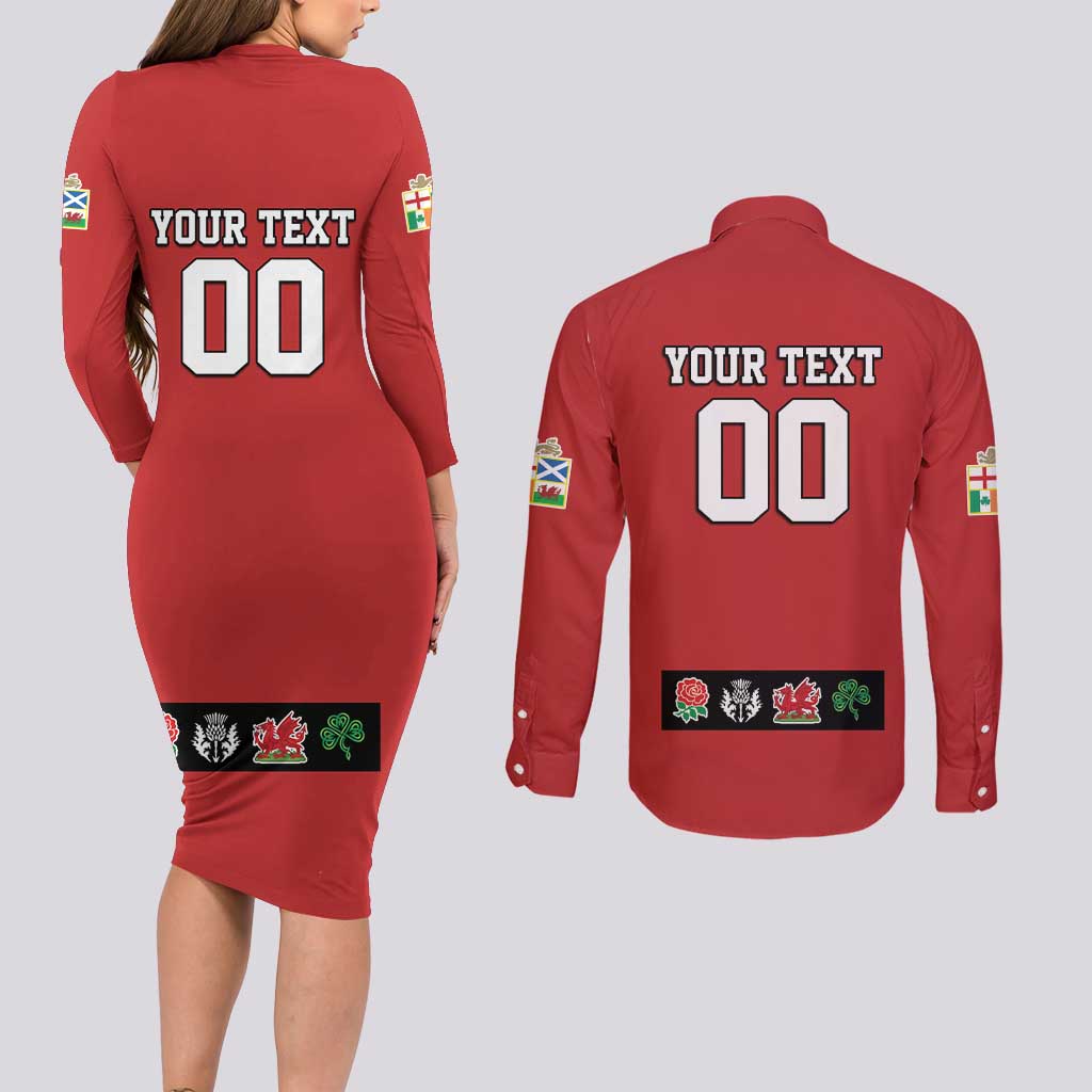 Custom British Lions Couples Matching Long Sleeve Bodycon Dress and Long Sleeve Button Shirt Combination of England Irish Scottish Welsh