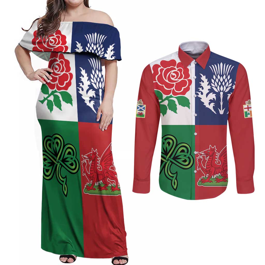 Custom British Lions Couples Matching Off Shoulder Maxi Dress and Long Sleeve Button Shirt Combination of England Irish Scottish Welsh