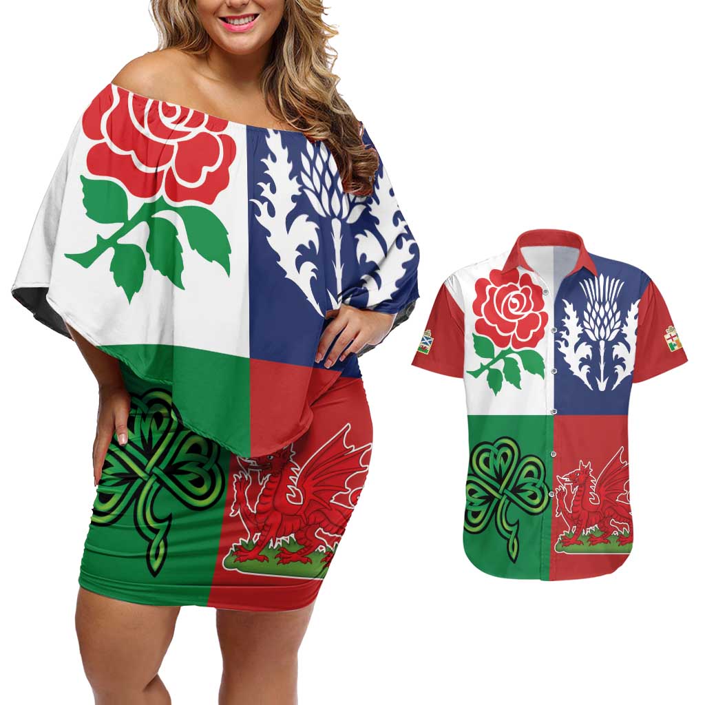 Custom British Lions Couples Matching Off Shoulder Short Dress and Hawaiian Shirt Combination of England Irish Scottish Welsh