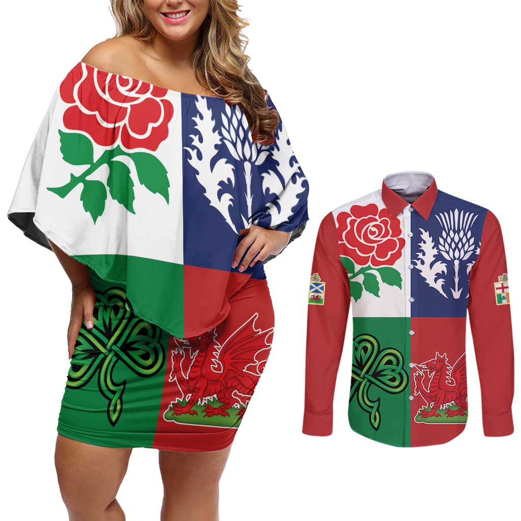 Custom British Lions Couples Matching Off Shoulder Short Dress and Long Sleeve Button Shirt Combination of England Irish Scottish Welsh