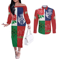 Custom British Lions Couples Matching Off The Shoulder Long Sleeve Dress and Long Sleeve Button Shirt Combination of England Irish Scottish Welsh