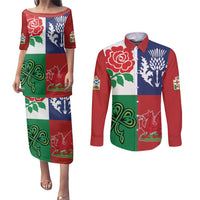 Custom British Lions Couples Matching Puletasi and Long Sleeve Button Shirt Combination of England Irish Scottish Welsh