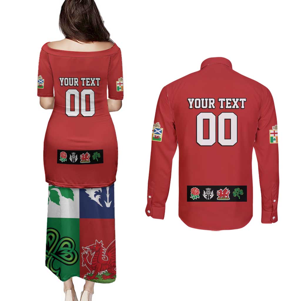 Custom British Lions Couples Matching Puletasi and Long Sleeve Button Shirt Combination of England Irish Scottish Welsh