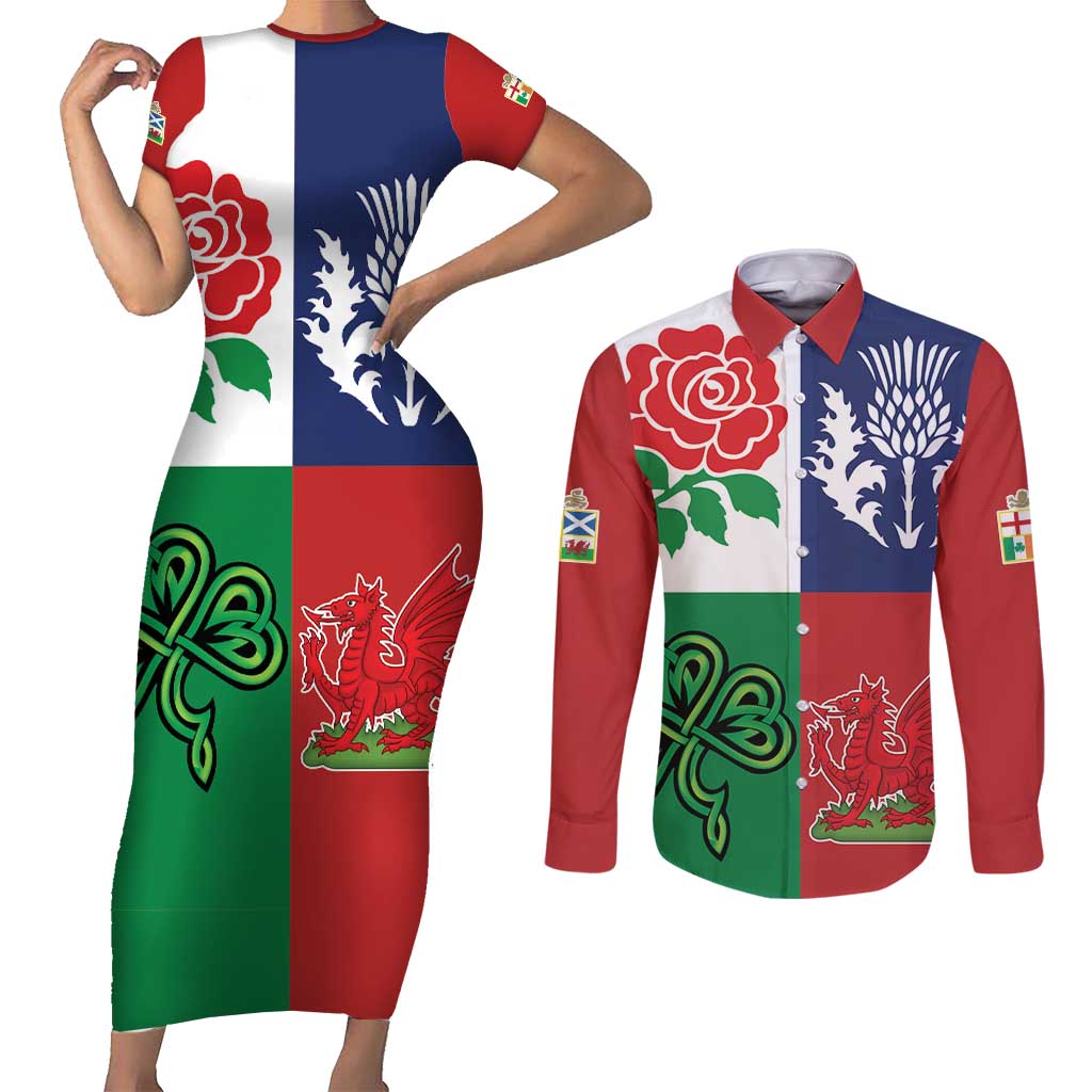 Custom British Lions Couples Matching Short Sleeve Bodycon Dress and Long Sleeve Button Shirt Combination of England Irish Scottish Welsh