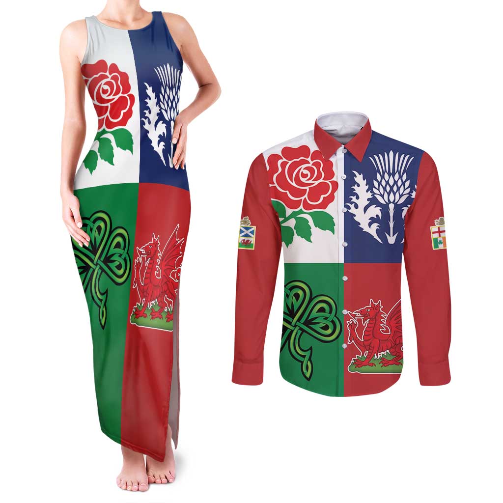 Custom British Lions Couples Matching Tank Maxi Dress and Long Sleeve Button Shirt Combination of England Irish Scottish Welsh