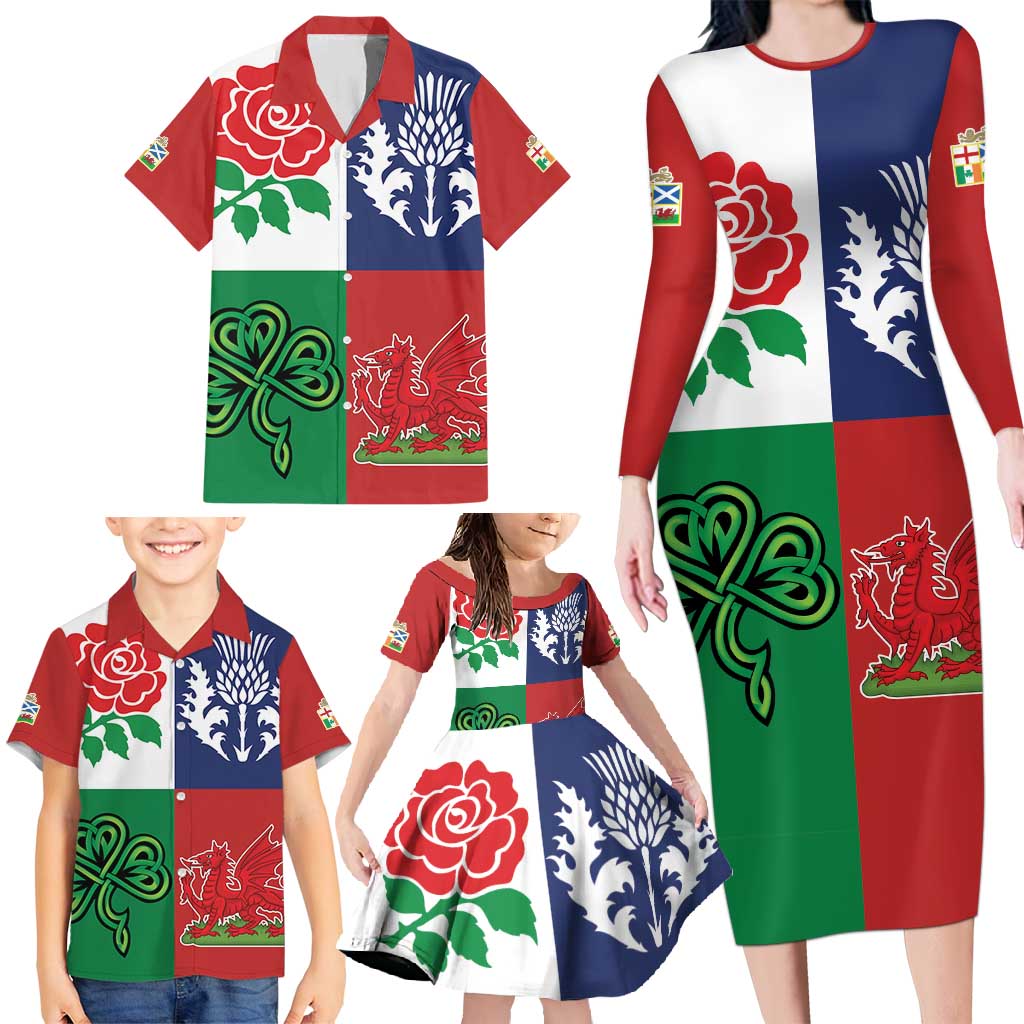 Custom British Lions Family Matching Long Sleeve Bodycon Dress and Hawaiian Shirt Combination of England Irish Scottish Welsh