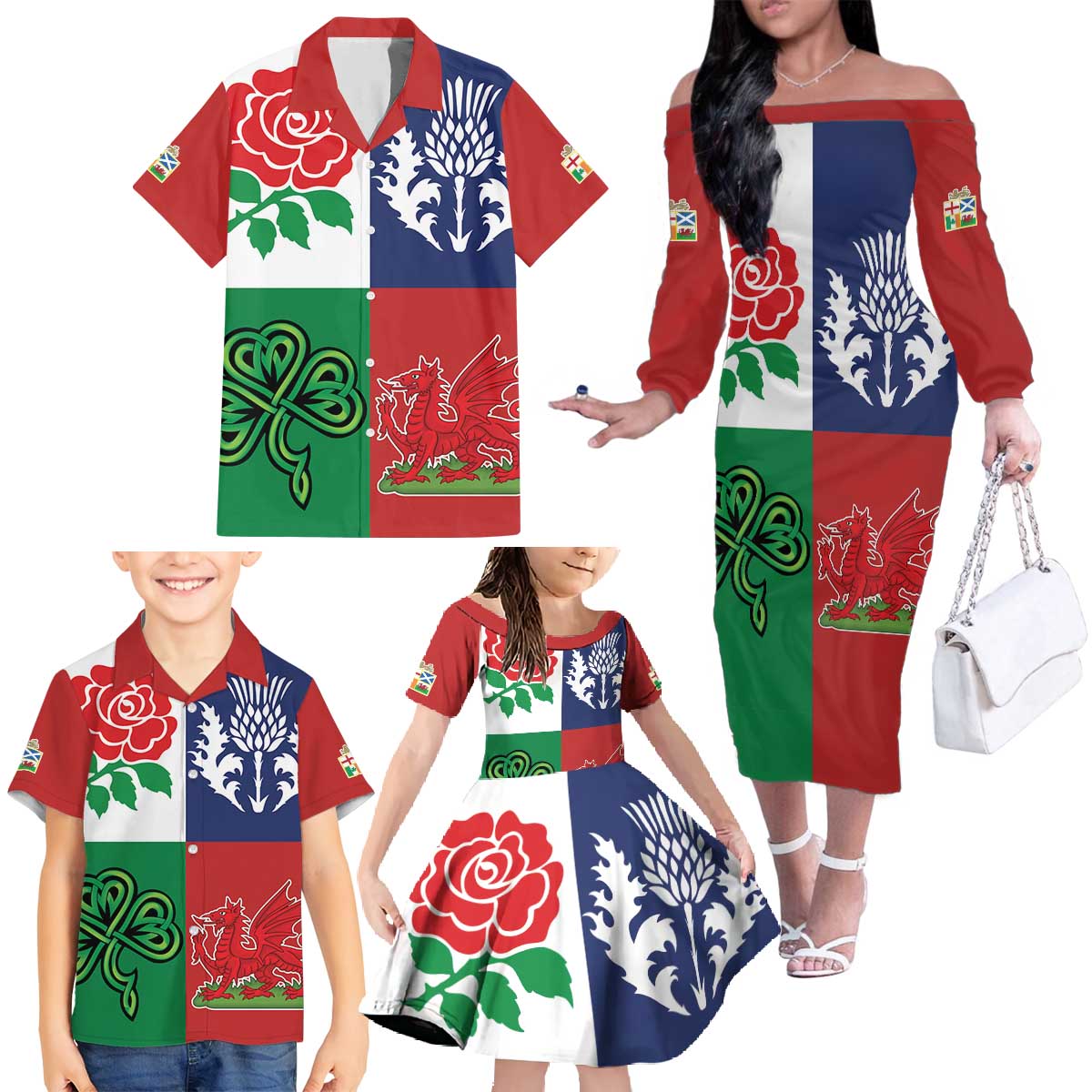 Custom British Lions Family Matching Off The Shoulder Long Sleeve Dress and Hawaiian Shirt Combination of England Irish Scottish Welsh