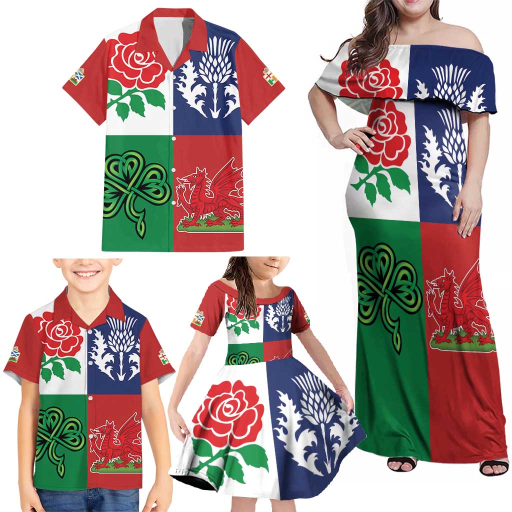 Custom British Lions Family Matching Off Shoulder Maxi Dress and Hawaiian Shirt Combination of England Irish Scottish Welsh