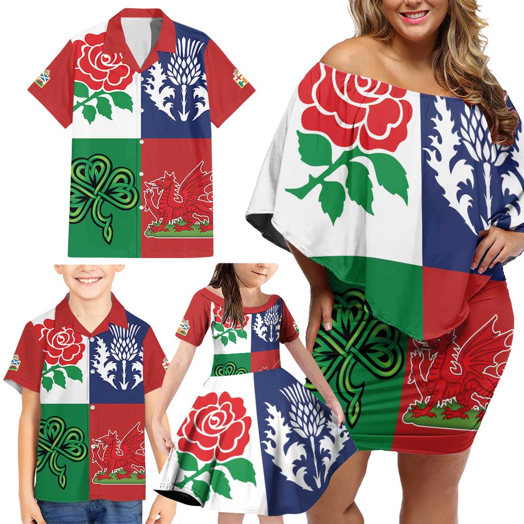 Custom British Lions Family Matching Off Shoulder Short Dress and Hawaiian Shirt Combination of England Irish Scottish Welsh