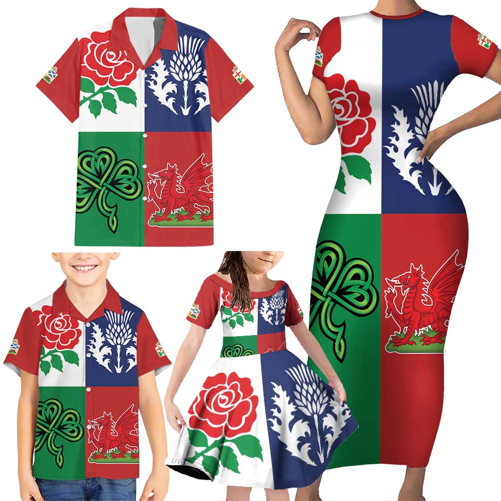 Custom British Lions Family Matching Short Sleeve Bodycon Dress and Hawaiian Shirt Combination of England Irish Scottish Welsh