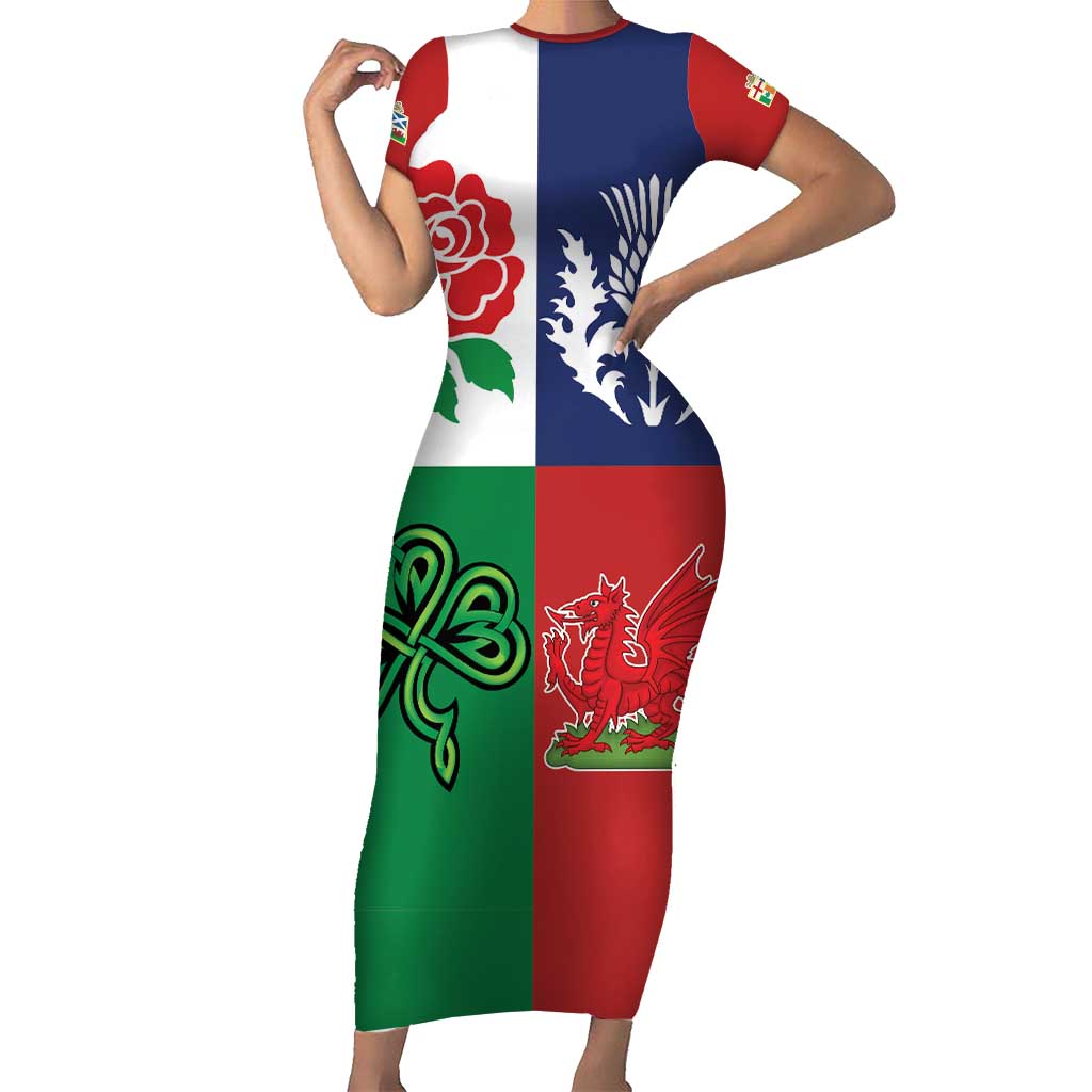 Custom British Lions Family Matching Short Sleeve Bodycon Dress and Hawaiian Shirt Combination of England Irish Scottish Welsh