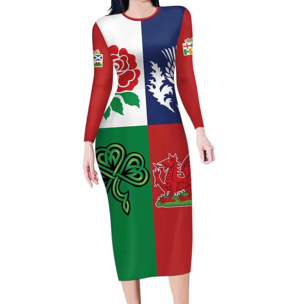 Custom British Lions Long Sleeve Bodycon Dress Combination of England Irish Scottish Welsh