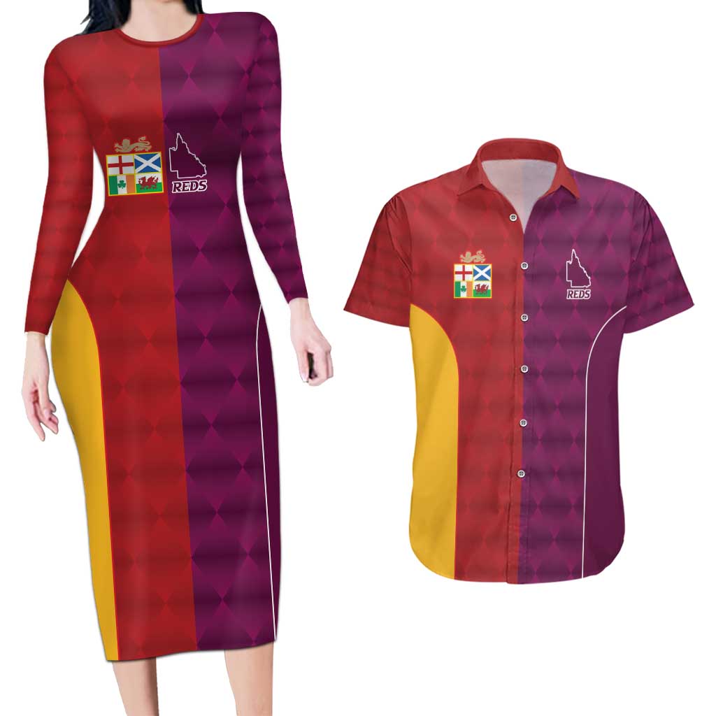 Custom British Lions Australia Queensland Couples Matching Long Sleeve Bodycon Dress and Hawaiian Shirt Sporty Style