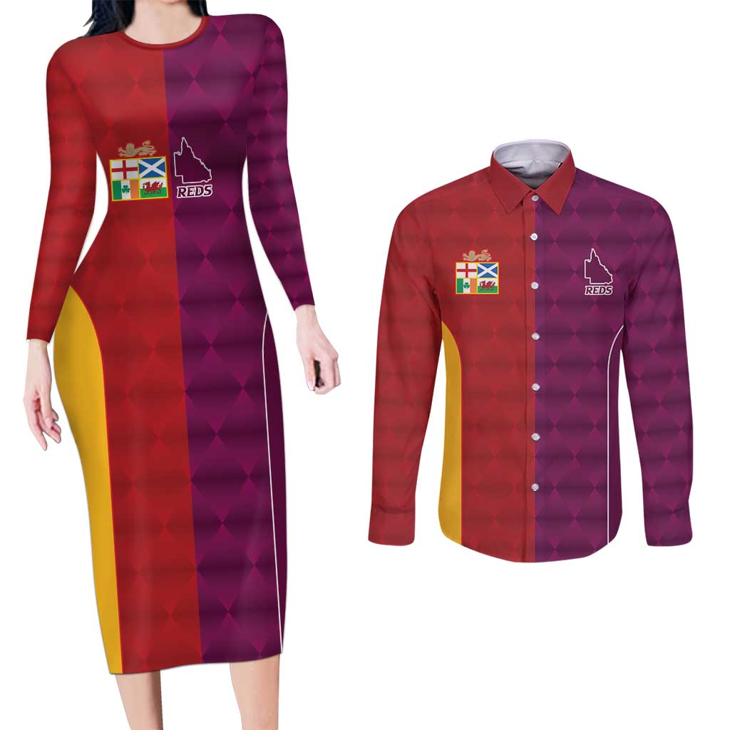 Custom British Lions Australia Queensland Couples Matching Long Sleeve Bodycon Dress and Long Sleeve Button Shirt Sporty Style