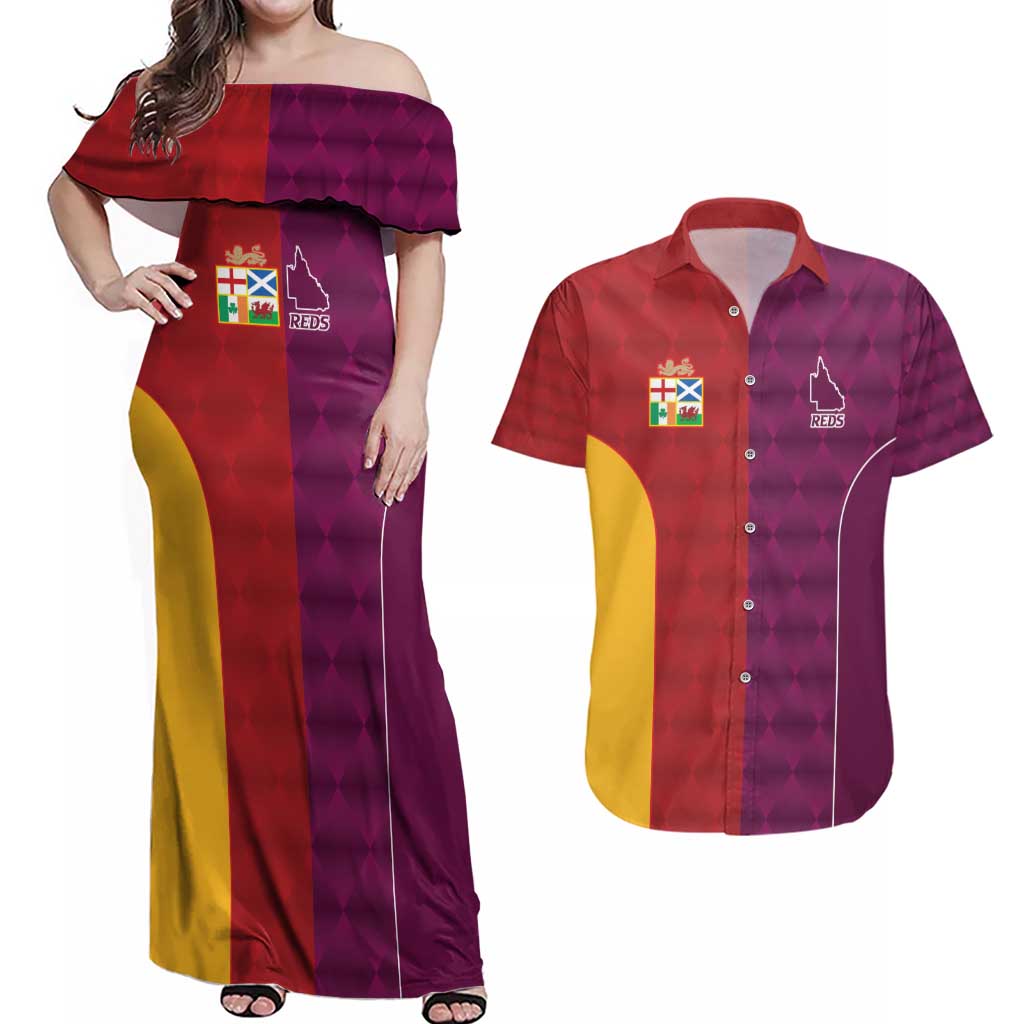 Custom British Lions Australia Queensland Couples Matching Off Shoulder Maxi Dress and Hawaiian Shirt Sporty Style