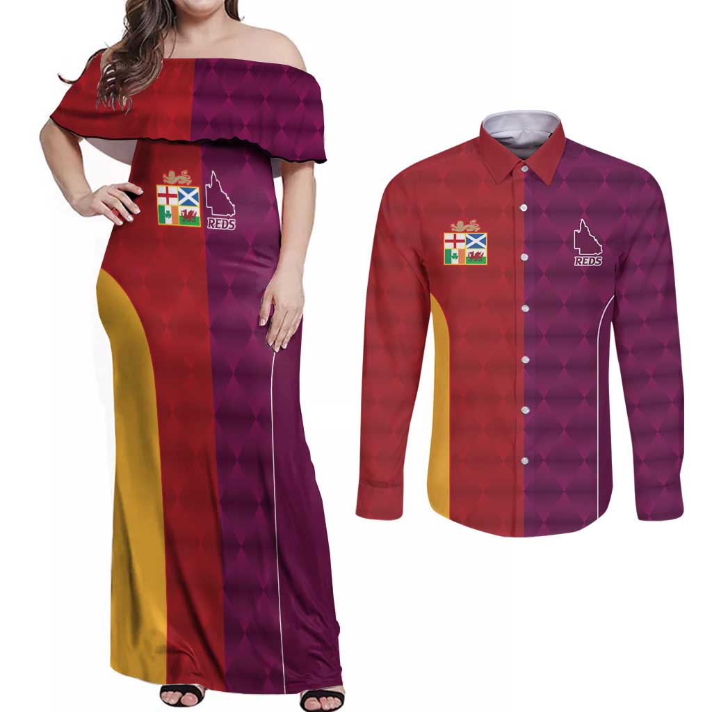 Custom British Lions Australia Queensland Couples Matching Off Shoulder Maxi Dress and Long Sleeve Button Shirt Sporty Style