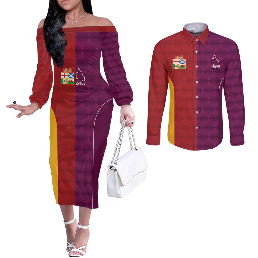 Custom British Lions Australia Queensland Couples Matching Off The Shoulder Long Sleeve Dress and Long Sleeve Button Shirt Sporty Style